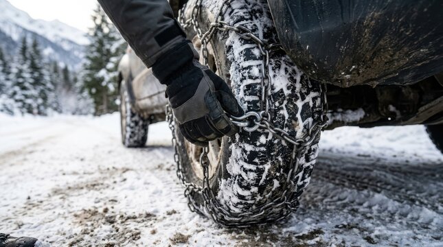 Driver putting snow chains on car tire for safe winter mountain driving and travel