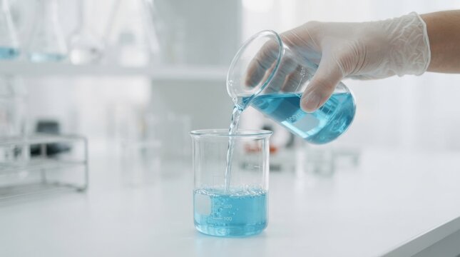 Scientist pouring blue liquid from beaker into another beaker in a chemical laboratory for science experiment