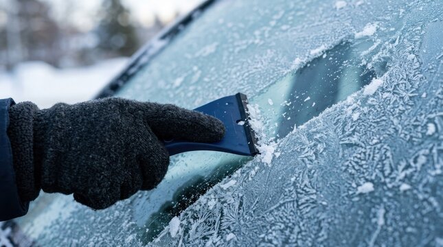 Gloved hand scraping frost and ice from a frozen car windshield on a cold winter morning