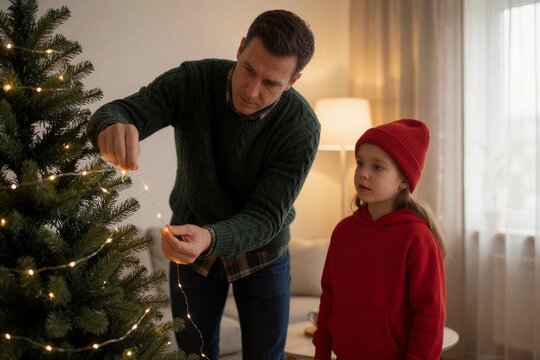 Father decorating a Christmas tree with his young daughter at home, creating a warm and cozy holiday atmosphere.