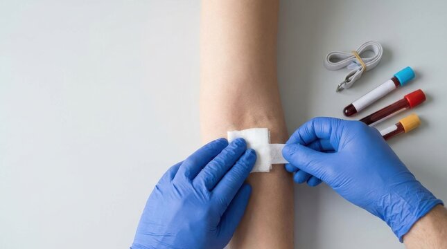 Medical professional in blue gloves applying bandage on patient arm after blood test collection