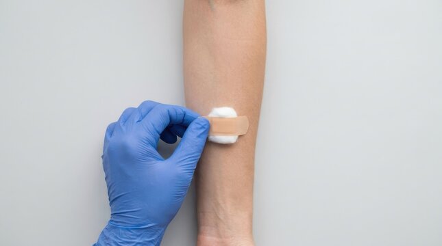 Medical professional applying a bandage and cotton to a patient arm after blood test procedure