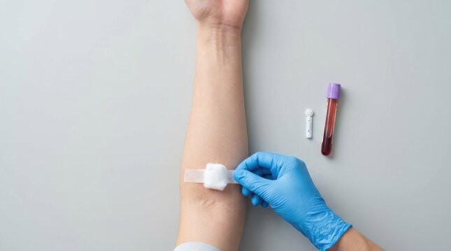 Medical professional applying bandage to patient arm after blood draw test procedure in laboratory