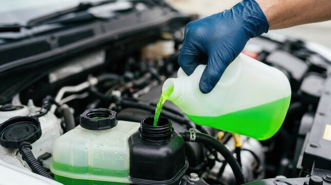Mechanic pouring green antifreeze coolant into car engine expansion tank during vehicle maintenance