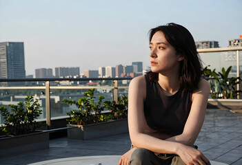 Fototapeta premium Thoughtful young asian woman looking away on a rooftop terrace with city skyline in background during golden hour, the urban landscape provides a modern backdrop for this peaceful outdoor setting