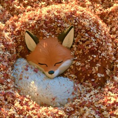 Naklejka premium A cute fox character is curled up and napping among colorful leaves in a natural setting during autumn.