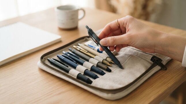 Woman picking a pen from a canvas pencil case on a wooden desk with a notebook and coffee cup