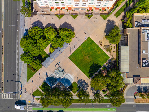 Cali Mill Plaza Park aerial view on Stevens Creek Boulevard at S De Anza Blvd, Cupertino, California CA, USA. 