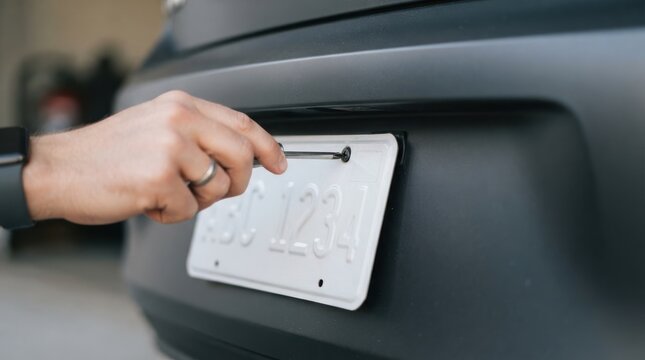 Man screwing a license plate onto a modern car, representing vehicle registration, maintenance, and automotive customization for personal transportation.
