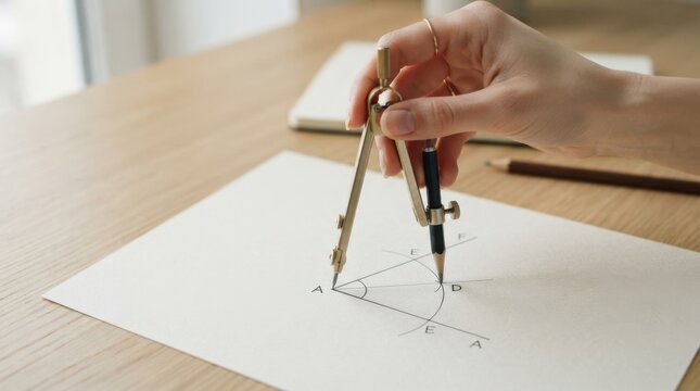 Woman drawing geometric shapes with a compass and pencil on white paper at a wooden desk