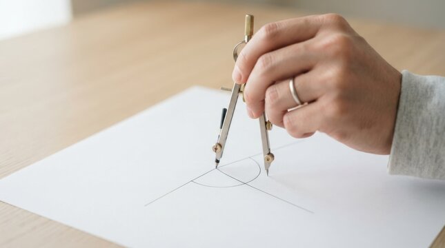 Adult man using drafting compass to draw geometric shapes on paper for architectural blueprint design