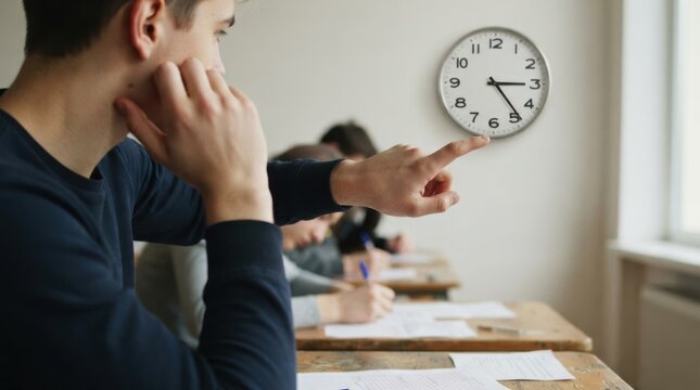 Young Caucasian male student pointing at wall clock during an exam in a classroom setting
