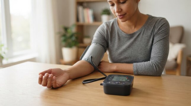 Young woman measuring her blood pressure at home with digital monitor for health tracking and preventive care
