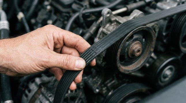 Mechanic inspecting a worn and cracked serpentine belt in a car engine bay for maintenance and repair