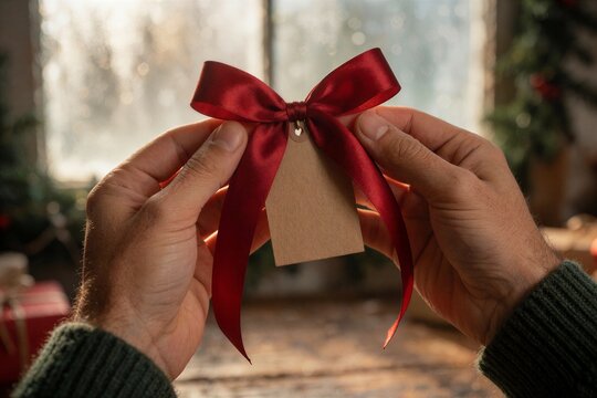 Hands holding a deep-red satin ribbon with a blank gift tag, perfect for holiday gift wrapping and crafting projects.