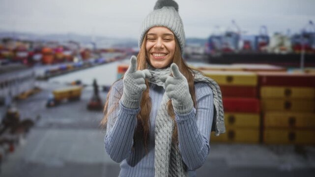Woman gives double thumbs up wearing knit hat scarf and gloves at a port building with stacked containers; joyful travel.