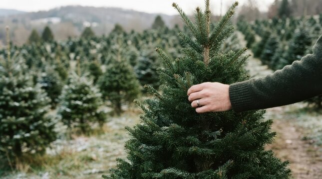 Man choosing and touching a fresh Christmas tree at a local farm plantation for the winter holidays