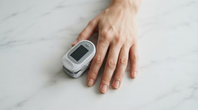 Person using a fingertip pulse oximeter on a marble surface to monitor oxygen saturation and health at home