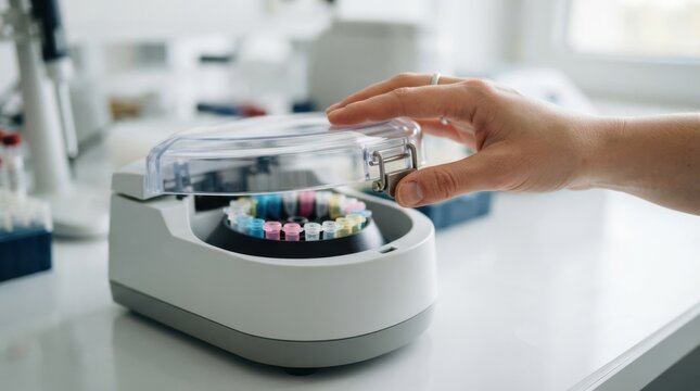 Scientist operating a microcentrifuge with PCR tubes in a medical laboratory for DNA testing and molecular research
