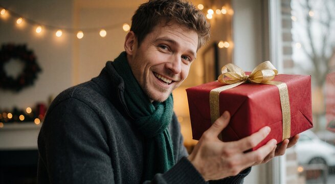 Joyful man holding a wrapped Christmas gift, celebrating the spirit of giving with a warm smile indoors.