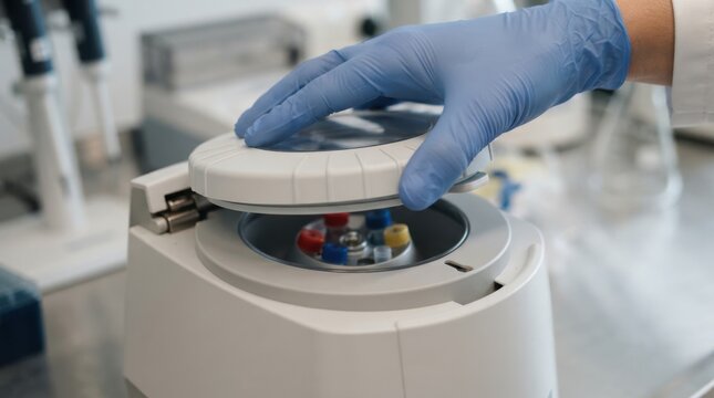 Laboratory centrifuge machine with centrifuge tubes loaded by scientist in medical research facility