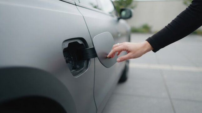 Close up of a woman hand opening the fuel flap door of a grey modern car ready to refuel