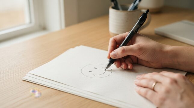 Woman drawing a smiley face on paper at a wooden desk with a pen, representing creativity and happiness