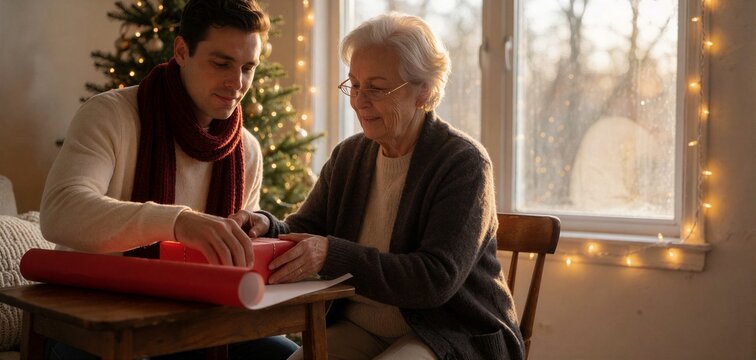 Young man and elderly woman wrapping Christmas presents together in a cozy, warmly lit room by a window.