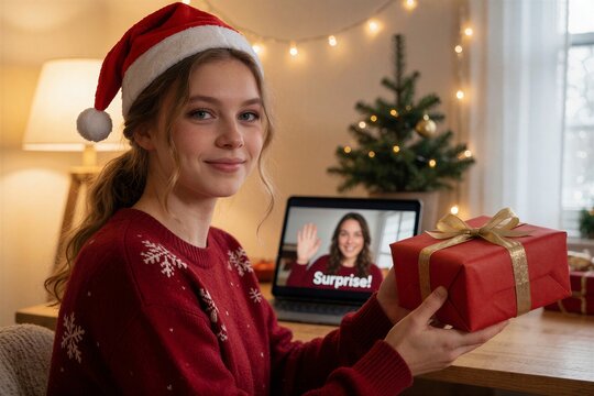 Teen girl unwraps a surprise Christmas gift while watching a video call of a smiling person on a tablet, festive holiday mood.