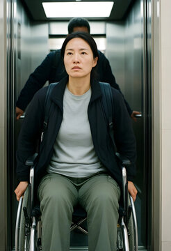 Asian woman in a wheelchair with a man behind her in an elevator, accessibility and inclusion