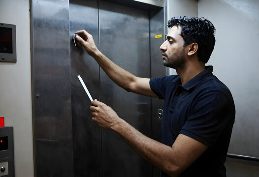 Man using a paper strip to press an elevator button, hygiene and germ prevention in public spaces, the scene takes place in an urban indoor environment
