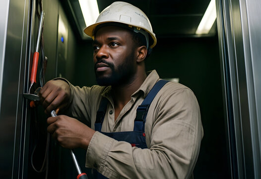 African american male technician in a hard hat and overalls working on elevator maintenance with tools, He is holding tools, demonstrating expertise in repair and service