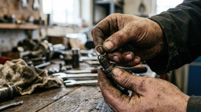 Mechanic holding a spark plug in a workshop, automotive repair concept