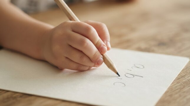 Little child practicing handwriting letters on paper with a wooden pencil