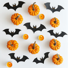 Naklejka premium Minimal Halloween flat lay with mini pumpkins, paper bats, and glowing tea light candles arranged on white background. American carnival for Halloween celebrating concept with copy-space.