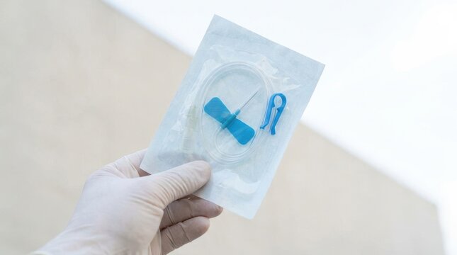 Medical professional in gloves holding sterile butterfly needle package for intravenous procedure