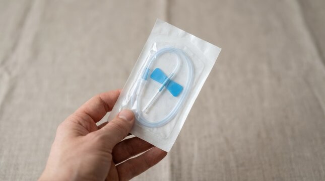 Medical professional holding a packaged winged infusion set butterfly needle for venipuncture