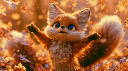 Naklejka premium A small fox character enjoys playing in colorful leaves on a bright autumn day, showcasing joyful expression and movement.