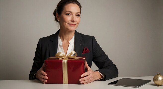 Professional woman presenting a New Year gift, smiling gently while holding a red, ribbon-tied present on a white table.