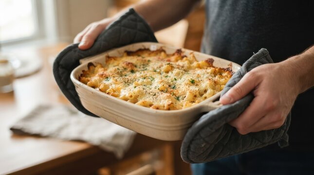 Young adult man holding a freshly baked hot macaroni and cheese casserole in oven mitts for dinner