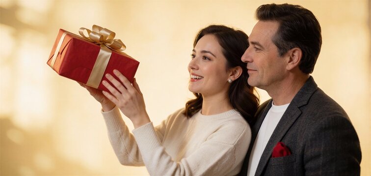 Couple exchanging a New Year gift with joy against a warm, soft-focus background.