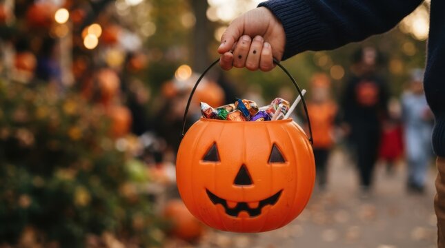 Child holding jackolantern candy bucket full of sweets for trick or treat on Halloween