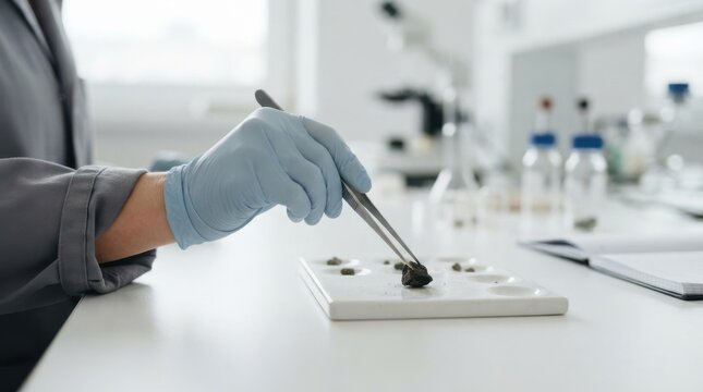 Scientist in blue gloves examining soil samples with tweezers in a modern research laboratory