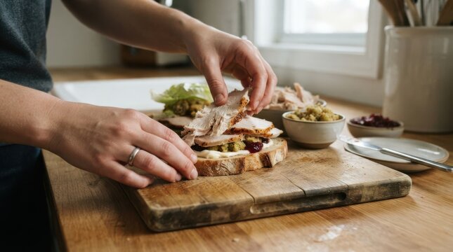 Woman making a delicious turkey sandwich with cranberry sauce and stuffing on a wooden cutting board