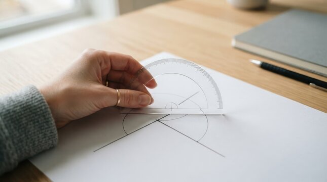 Woman measuring angles with a protractor on paper at a wooden desk with a notebook