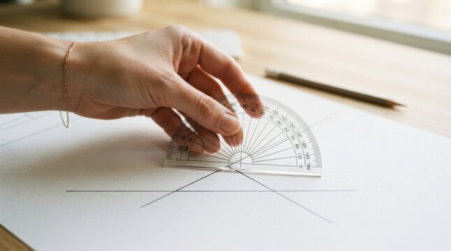 Young Caucasian woman measuring geometric angles with a protractor on a paper sheet