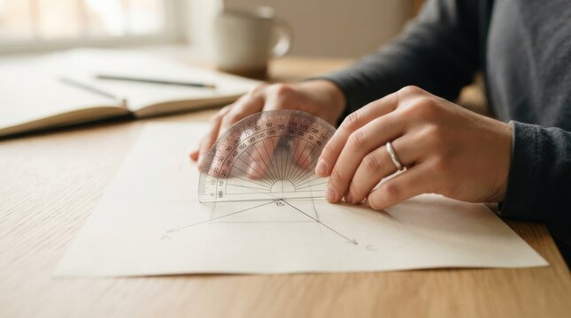 Young woman measuring geometric angles with a clear plastic protractor on paper at wooden desk