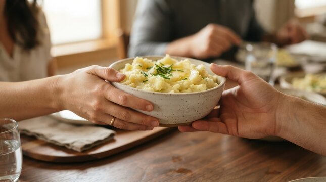 Family passing a bowl of homemade mashed potatoes at a dining table during a holiday dinner meal