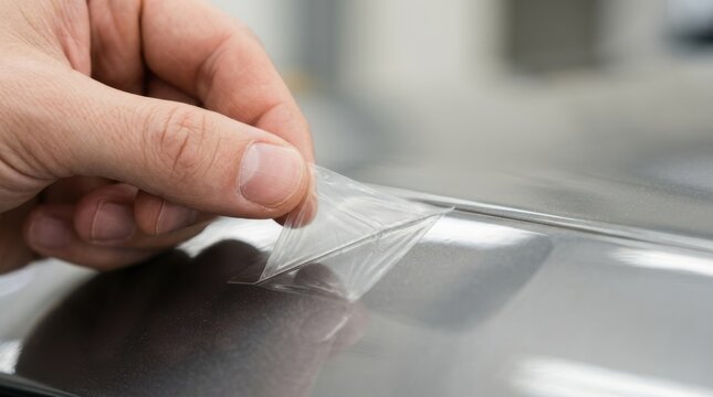 Person peeling protective film from a car paint protection wrap or clear bra for vehicle surface care and maintenance