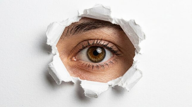 Close up macro shot of a human eye peering through a torn hole in white paper conveying curiosity with looking through jagged detailed close jagged opening observation background minimalist iris